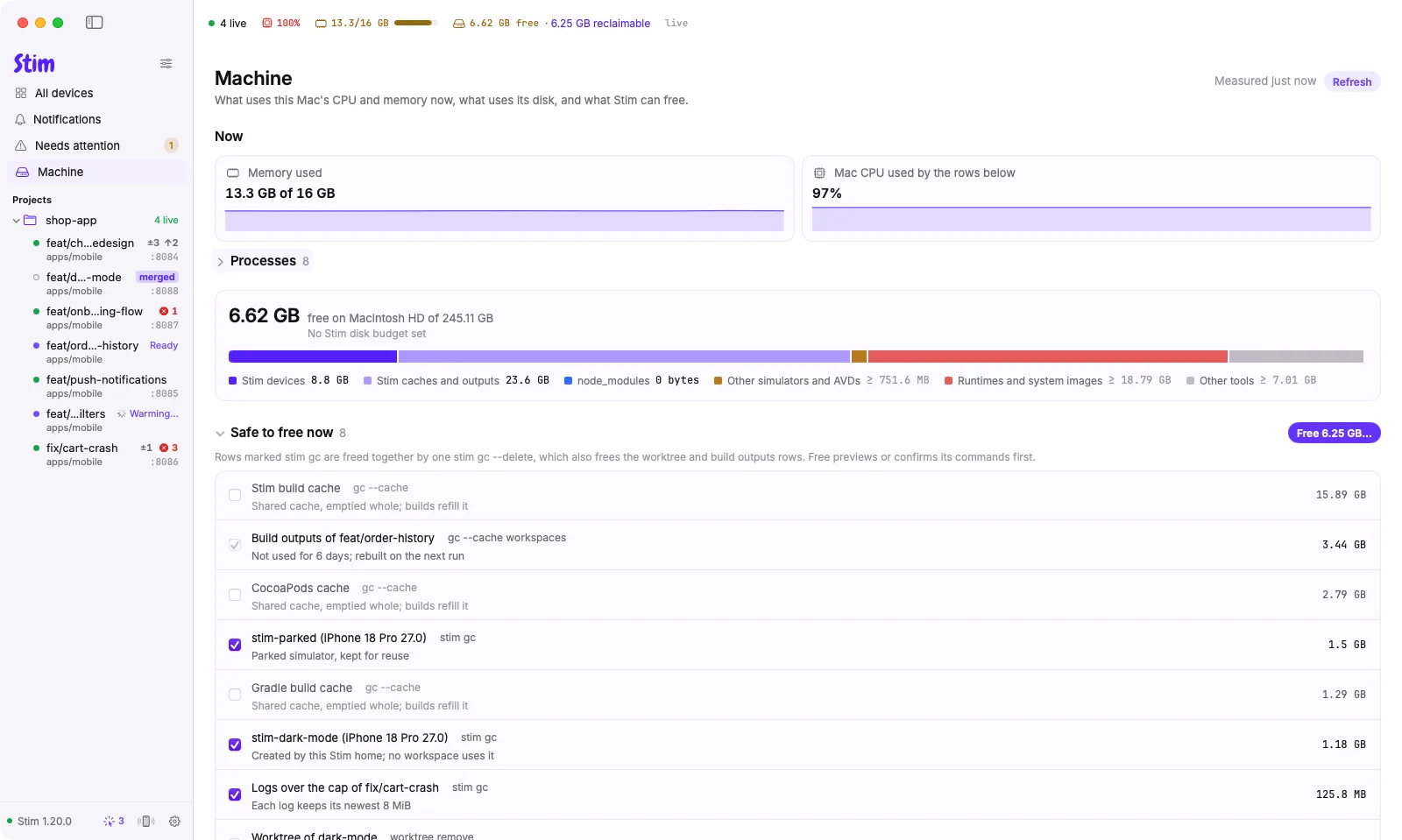 The Machine page: free disk split by category, and a checklist of what Stim can free