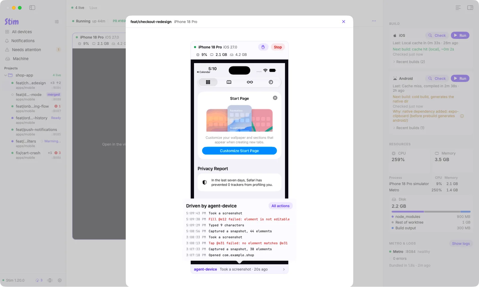 A device viewer: the simulator screen with the agent's recent actions, including two that failed