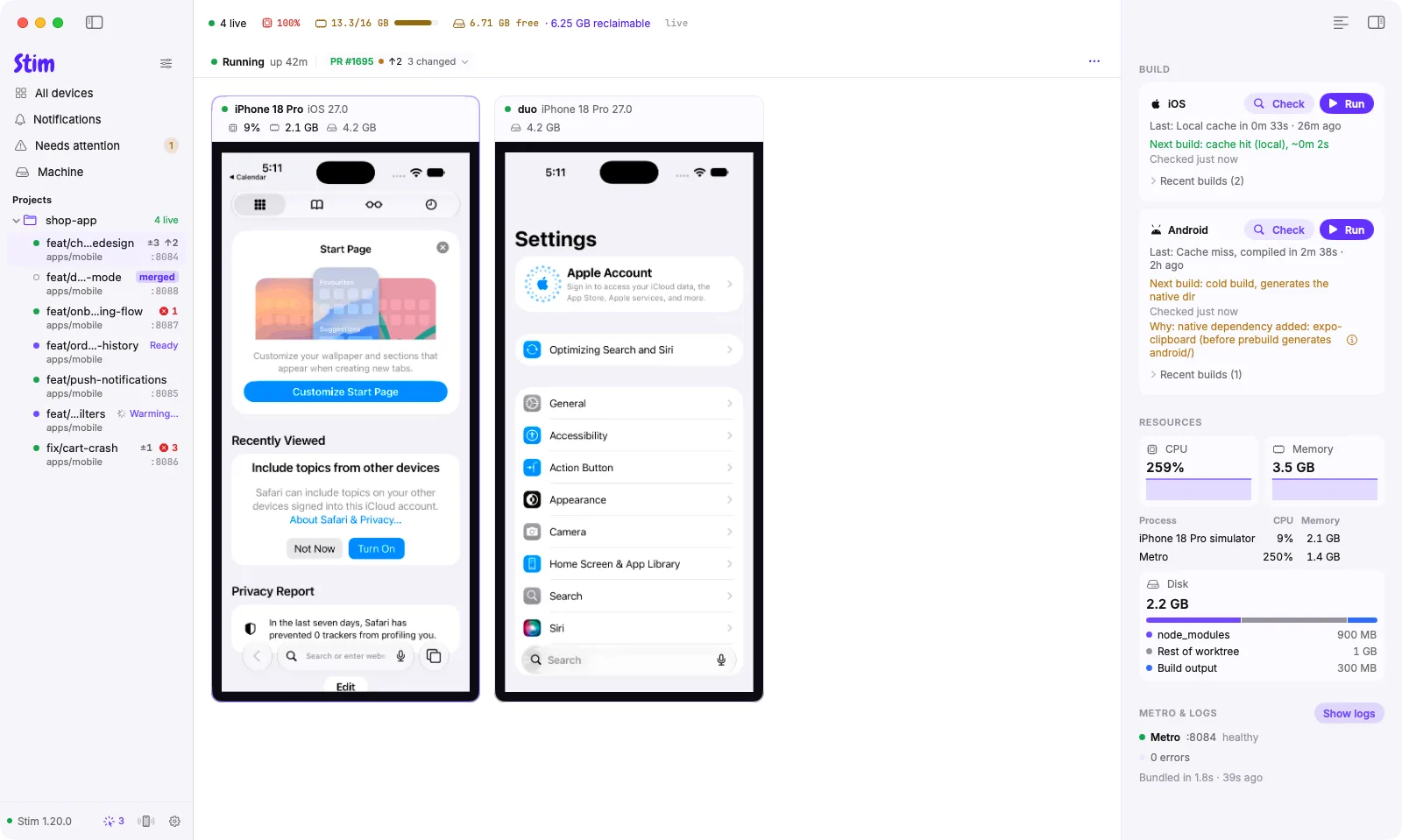 The workspace page in Stim Desktop: two iPhone simulators side by side with the build stage, git branch and pull request above them